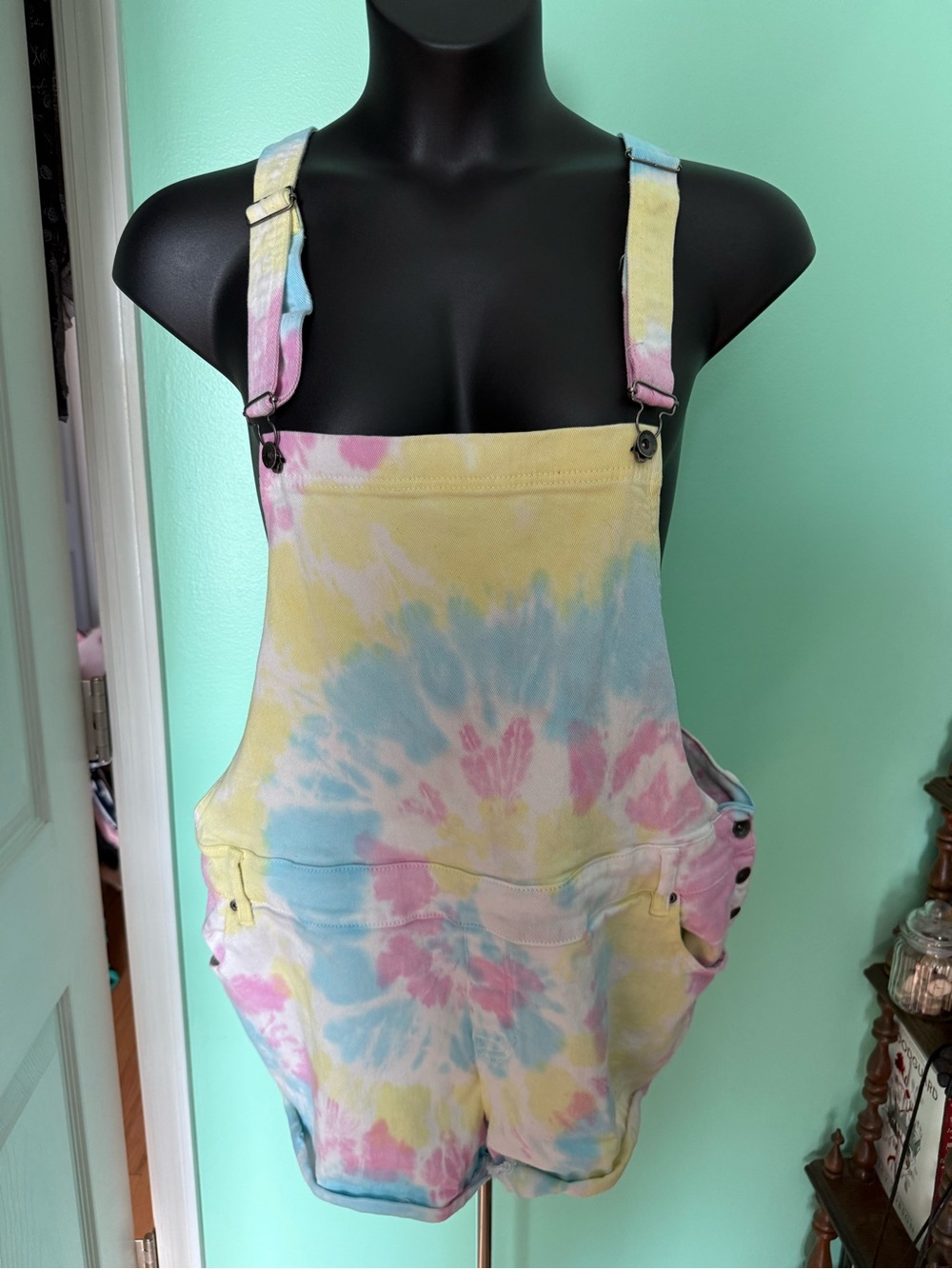 Blackheart Pastel Tie-Dye Short Overalls in Pink Blue Yellow